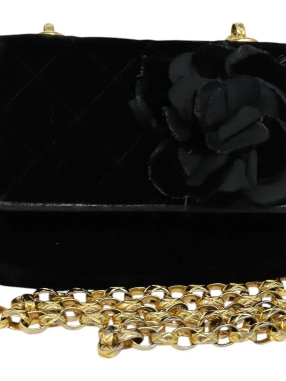 CHANEL Matelasse Camellia Chain Shoulder Bag Velor Black Gold CC Auth bs26015